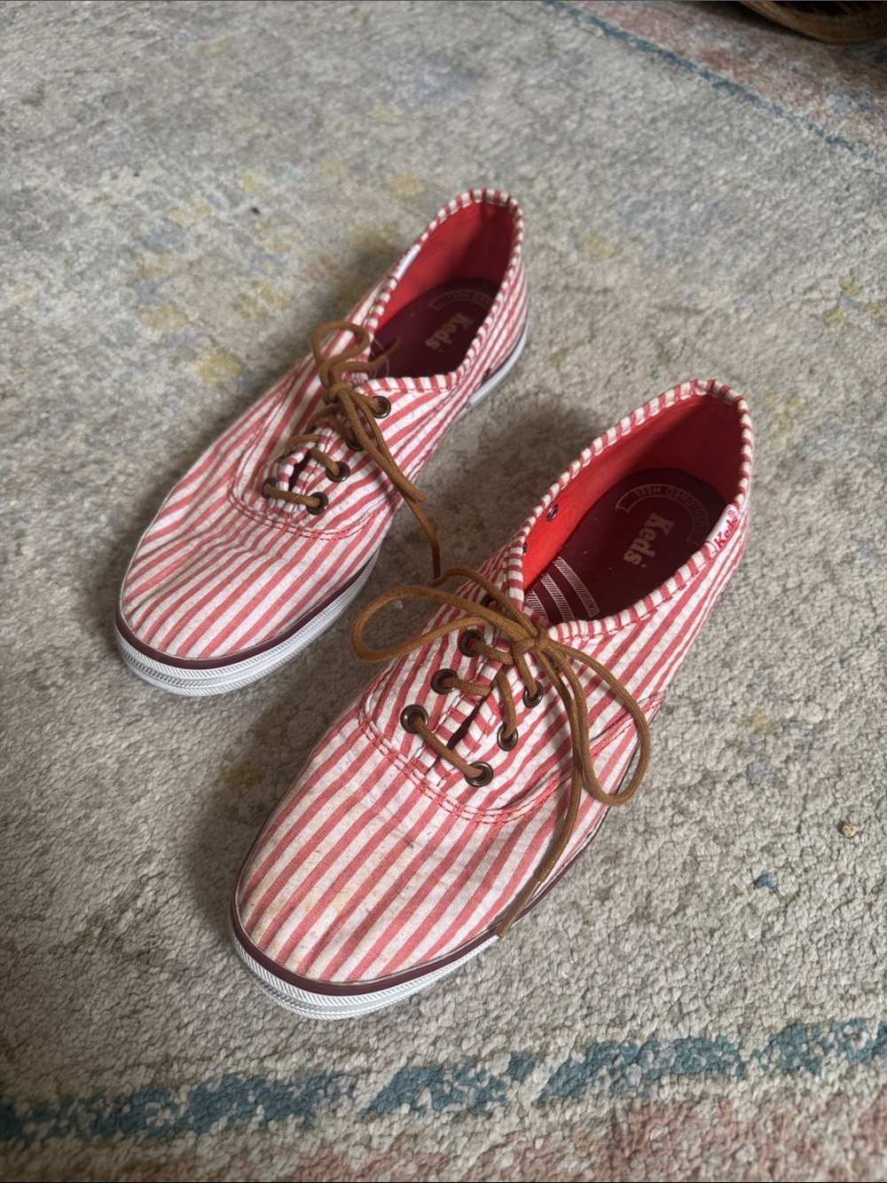 Keds Pink & White Striped Canvas Sneakers with Brown Laces